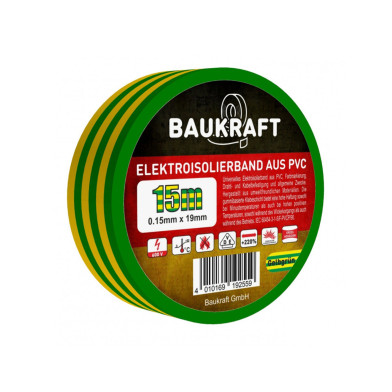Ізоляційна стрічка ПВХ 0,15 мм×19 мм×15 м жовто-зелена BAUKRAFT